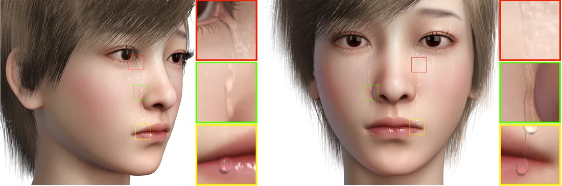 Rendered close-ups of simulated tears running down a face